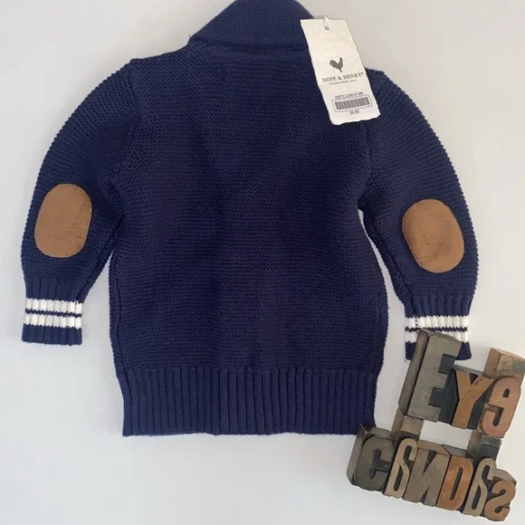 🆕HOPE & HENRY Infant Organic Navy Shawl Collar/Elbow Patches Cardigan Sweater - Picture 6 of 10